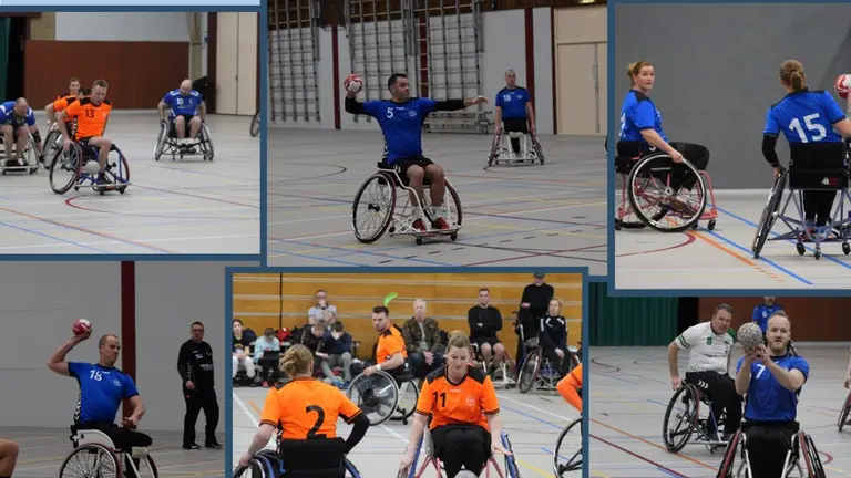 Aankondigingsposter met wedstrijdfoto's voor de rolstoelhandbal-competitiedag op 24 maart 2024 in Sporthal De Bloemen.